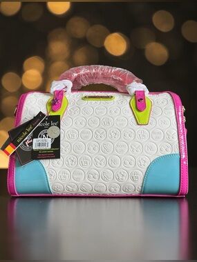 NICOLE LEE White Pink Aqua Lime Accent Dome Satchel NWT Large